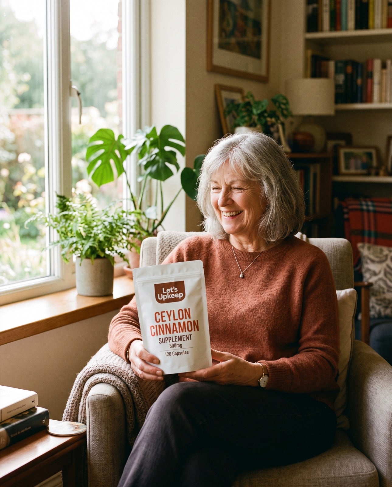 Customer relaxed at home holding the pouch