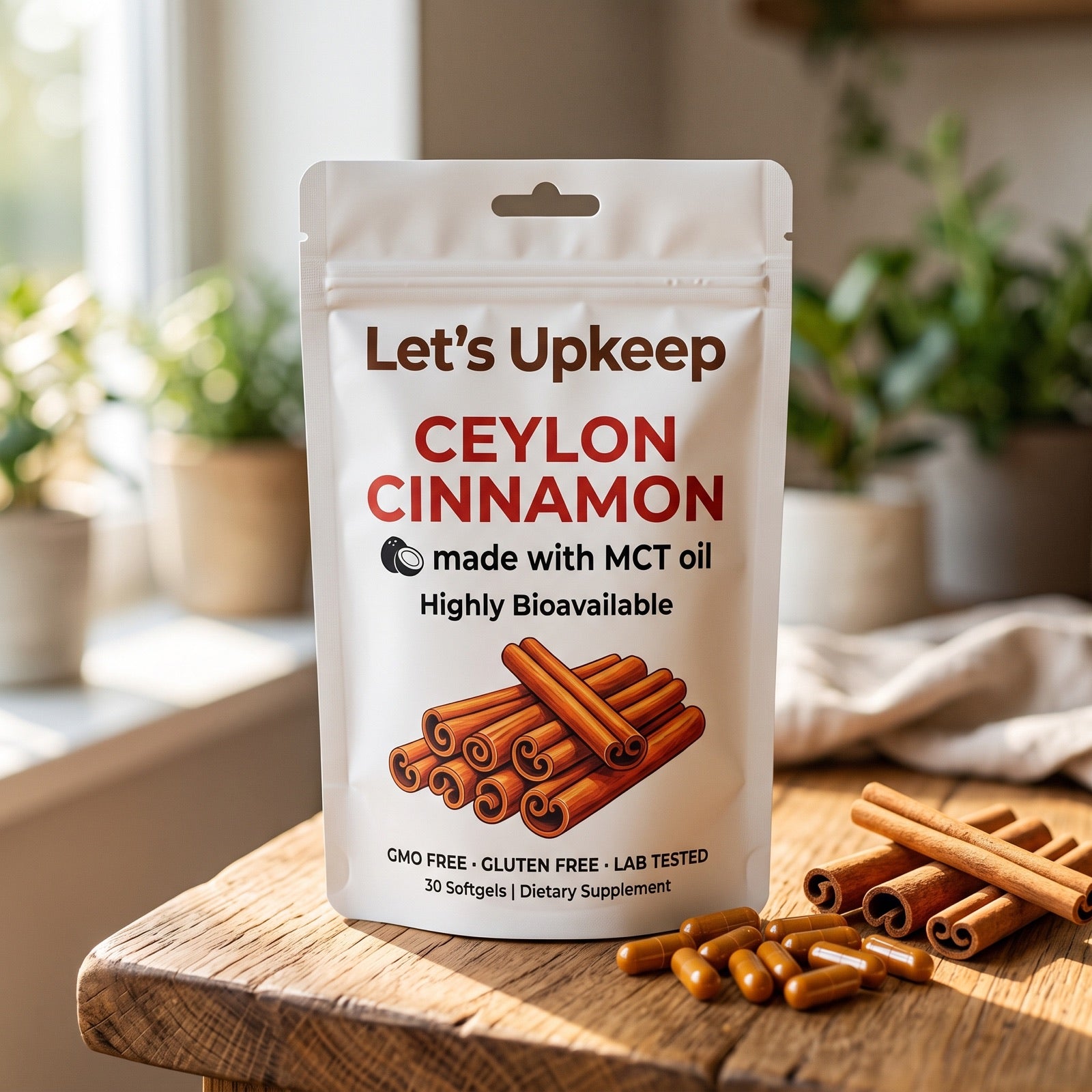 Let's Upkeep Ceylon Cinnamon pouch with loose softgels and cinnamon quills