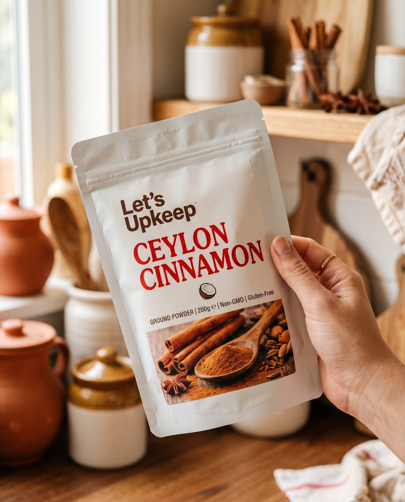 Let's Upkeep Ceylon Cinnamon pouch held in hand